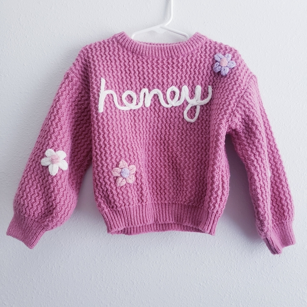 Honey Chunky Knit Long Sleeve Flower Pullover Sweater
